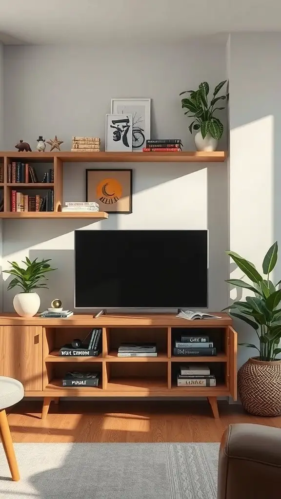 29+ Stunning Boho TV Stands for Your Living Room Makeover 16 A stylish living room with open shelving displaying books, art, and plants, creating a cozy boho vibe.