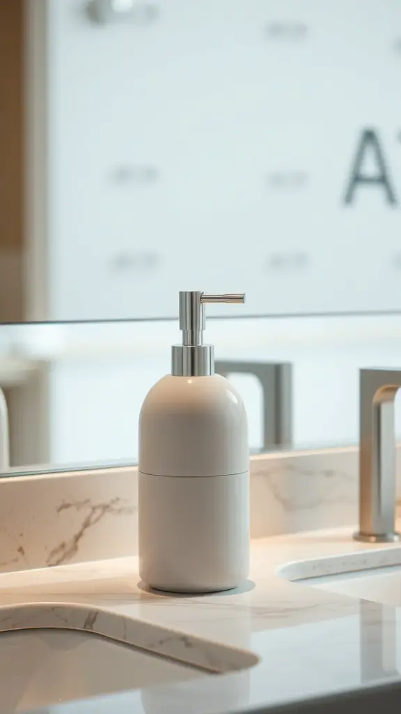 A modern white soap dispenser on a bathroom counter.