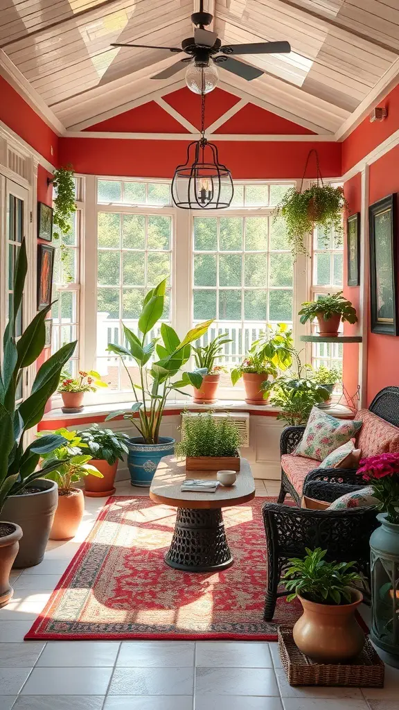 29+ Stunning Sunroom Addition Ideas Off Your Kitchen 14 A cozy sunroom with red walls, plants, and comfortable seating.