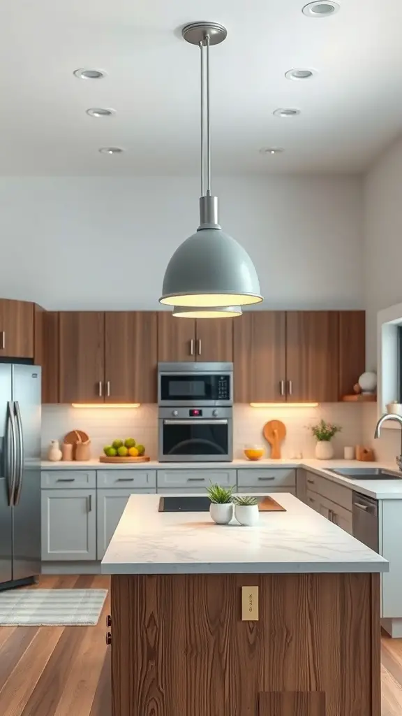 A modern adjustable height pendant light over a kitchen island with wooden cabinetry.