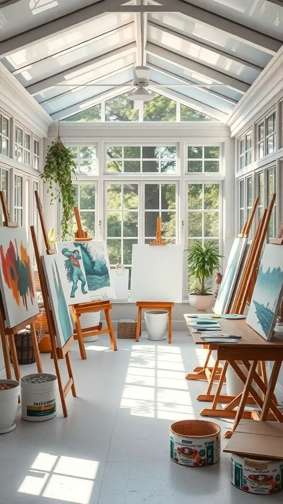 27+ Enclosed Sunroom Ideas to Brighten Your Home 3 A bright and airy art studio with easels, canvases, and large windows.