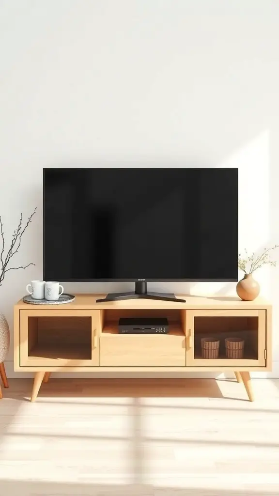Scandinavian inspired wooden TV stand with a TV on top and decorative items