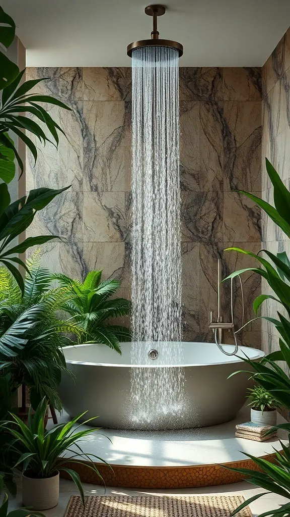 A modern bathroom featuring a waterfall shower and a freestanding bathtub surrounded by lush green plants.