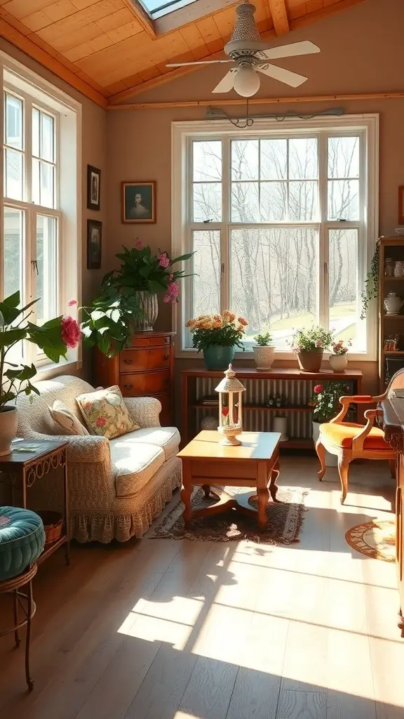 27+ Charming Small Sunroom Ideas to Brighten Your Home 15 A cozy sunroom with vintage furniture, large windows, and plants.