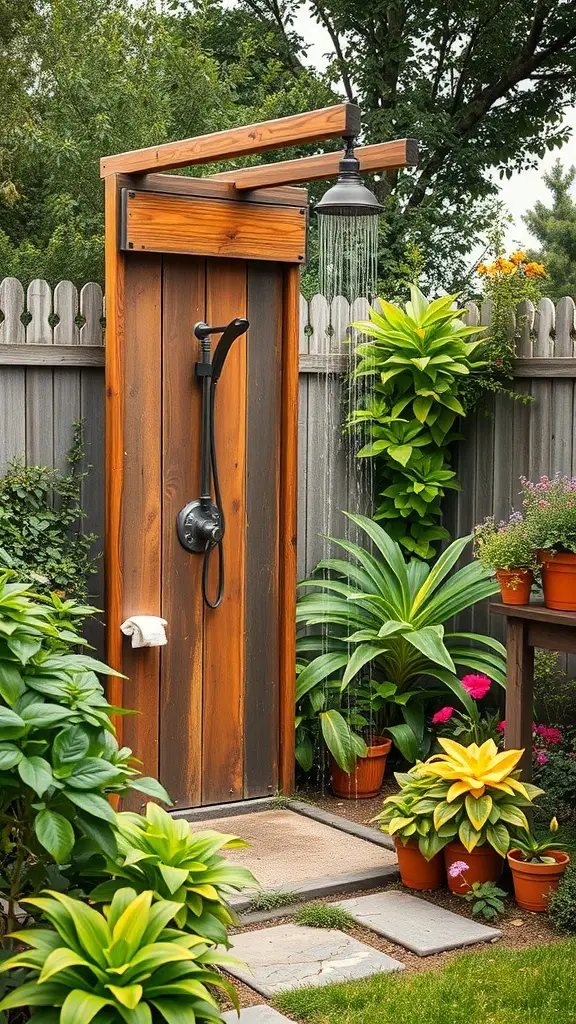 23+ Creative Garden Shower Ideas 13 A unique outdoor shower made from upcycled materials, surrounded by vibrant plants and flowers.