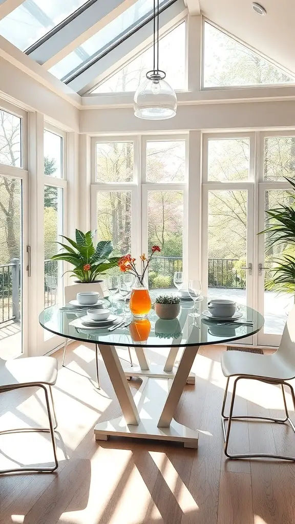 25+ Stylish Sunroom Furniture Ideas for a Cozy Retreat 7 A stylish glass-top dining table in a sunroom with modern chairs and a view of nature outside.