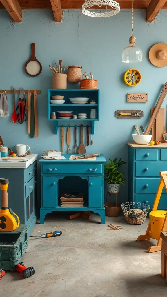 A colorful kitchen with funky painted furniture, showcasing vibrant blue cabinets and playful decor.