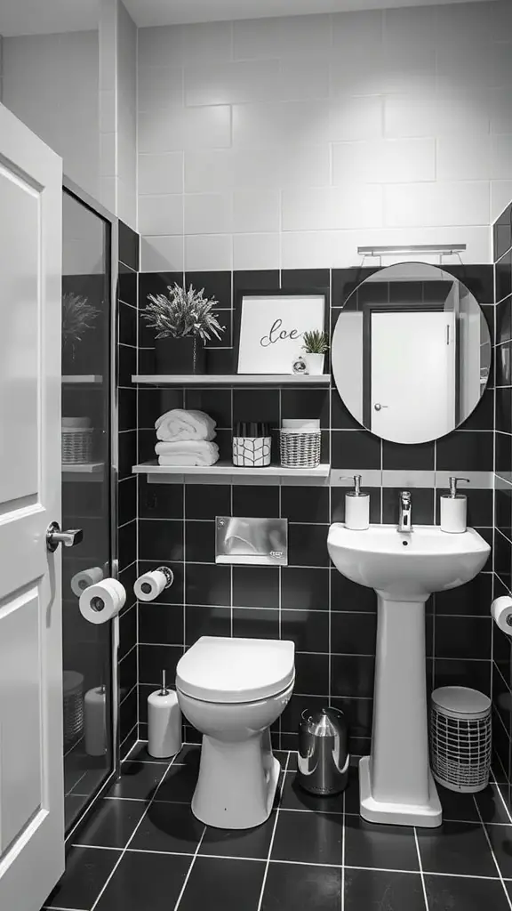 23+ Stunning Black and White Bathroom Ideas You'll Love 14 A modern black and white bathroom featuring open shelves, a round mirror, and organized storage solutions.