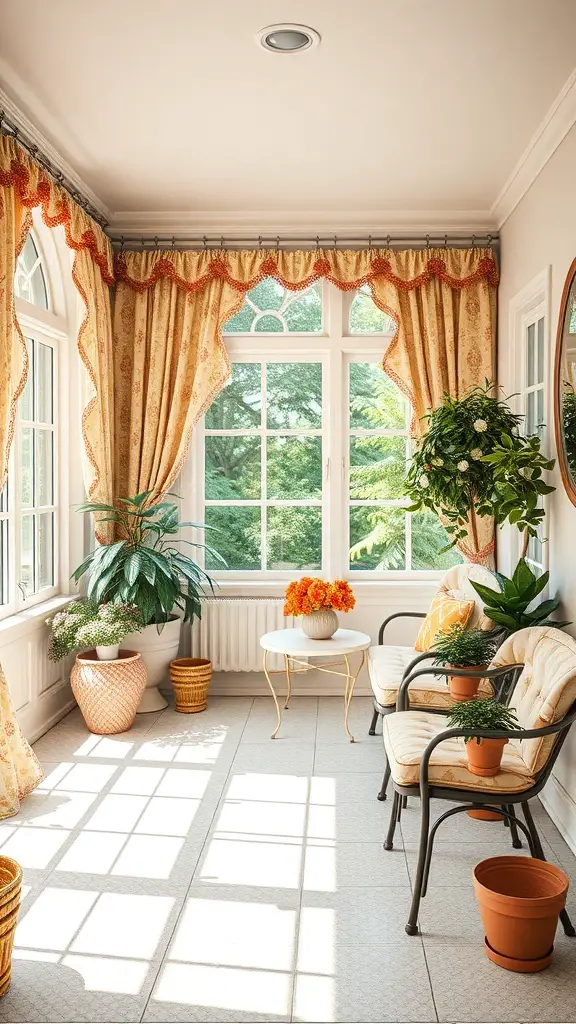 29+ Charming Vintage Sunroom Ideas for a Timeless Retreat 3 A vintage sunroom with warm yellow curtains, light furniture, and potted plants.