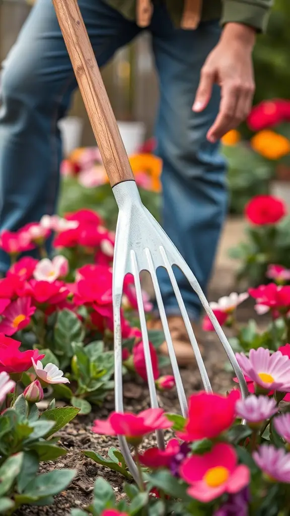 A person using a lightweight rake in a colorful flower garden.