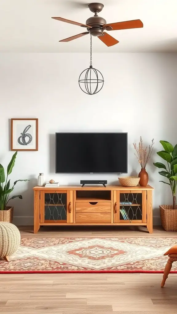 29+ Stunning Boho TV Stands for Your Living Room Makeover 11 A cozy living room featuring a wooden TV stand, modern TV, ceiling fan, and houseplants.