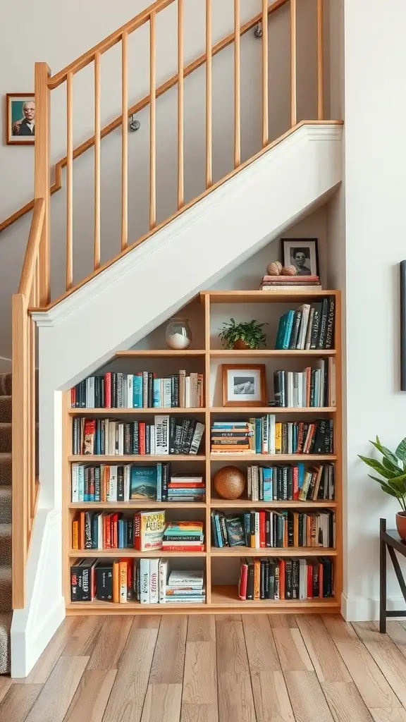 23+ Creative DIY Bookshelf Ideas 15 Under-stair bookshelf filled with books and decorative items
