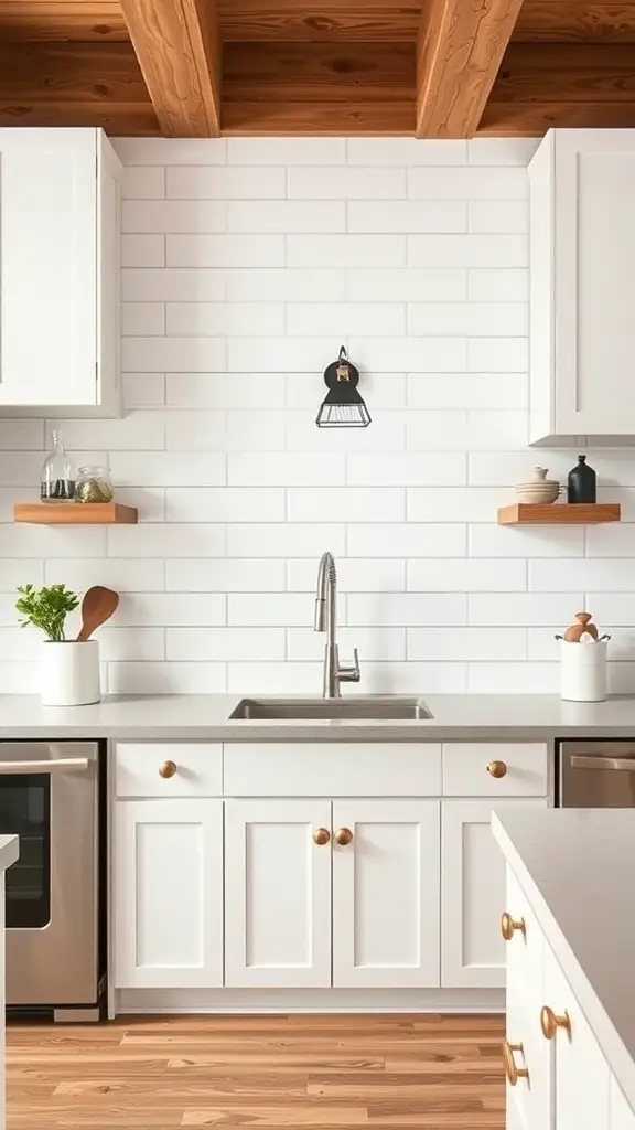 A modern kitchen with a white shiplap backsplash, wooden shelves, and a sink.