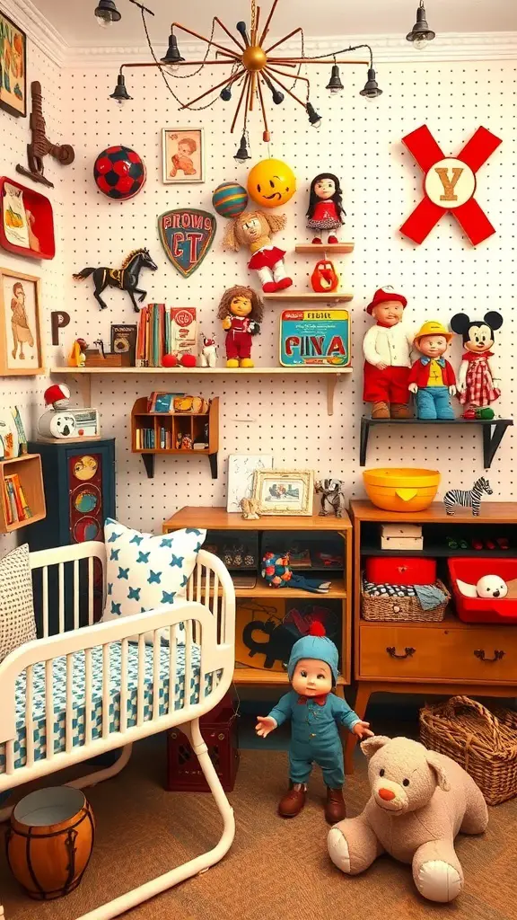 A vintage nursery filled with colorful toys, a crib, and playful decor.