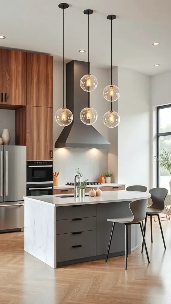 Modern kitchen with five stylish pendant lights above the island, featuring wood cabinetry and a sleek design.