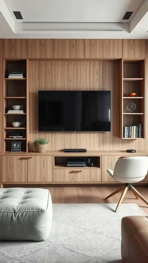 A modern living room with a wooden media wall featuring a TV, shelves, and a cozy chair.
