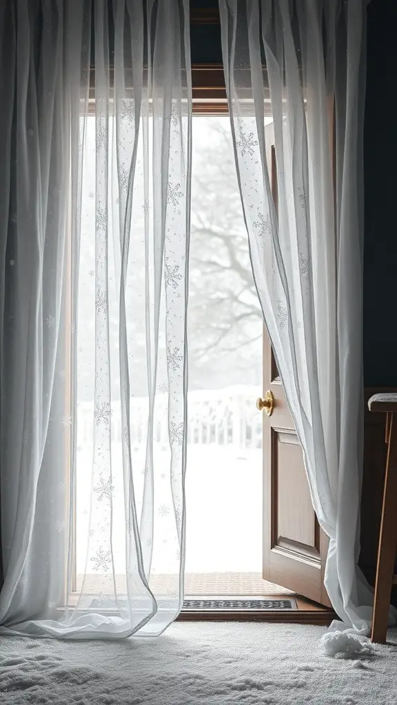 25+ Unique Winter Door Decorations to Brighten Your Home 14 A doorway with sheer snowflake curtains, revealing a snowy landscape outside.