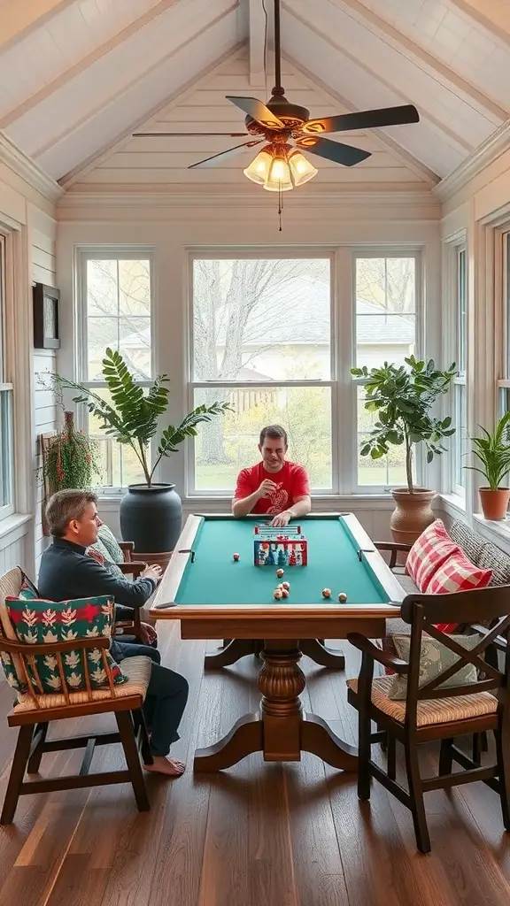 23+ Inspiring Three Season Porch Ideas to Transform Your Space 15 A family enjoying a game in a bright three-season porch with a pool table.