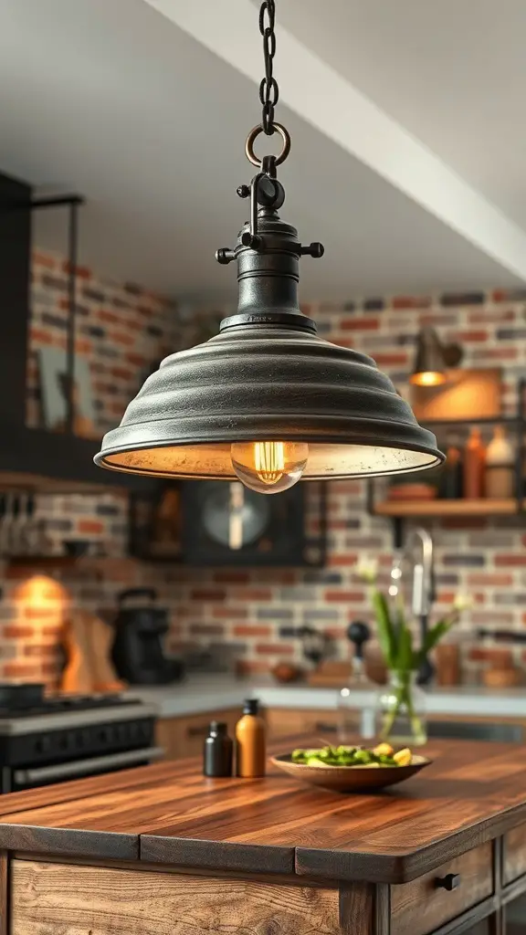 Industrial-style pendant light hanging over a kitchen island