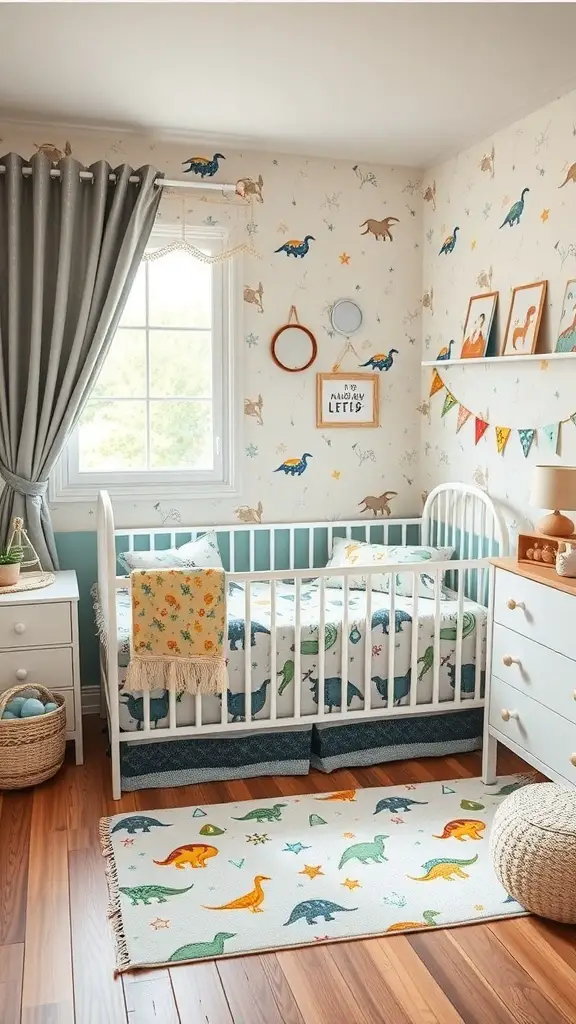 A colorful nursery with dinosaur-themed bedding, playful wall decor, and a cozy atmosphere.