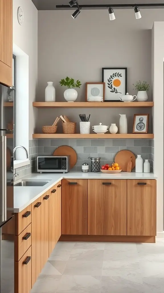 A modern kitchen featuring wooden shelves, gray walls, and stylish storage solutions.