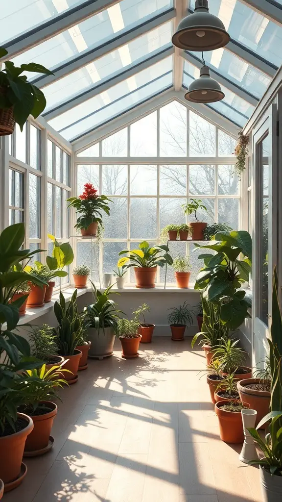 29+ Stunning Attached Greenhouse Sunroom Ideas for Your Home 8 Interior of a greenhouse sunroom filled with various potted plants and natural light.