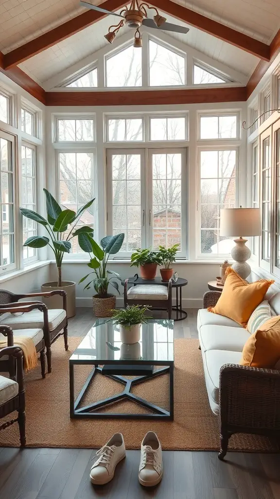 27+ Enclosed Sunroom Ideas to Brighten Your Home 10 A stylish sunroom with comfortable seating, large windows, and a cozy atmosphere.
