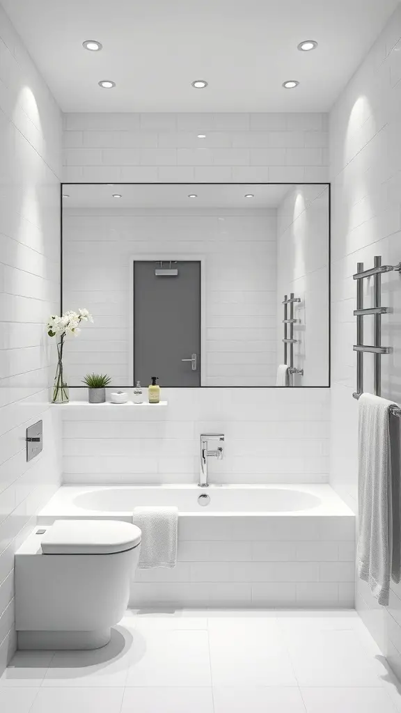 A modern minimalist bathroom featuring white tiles, a bathtub, and a sleek design.