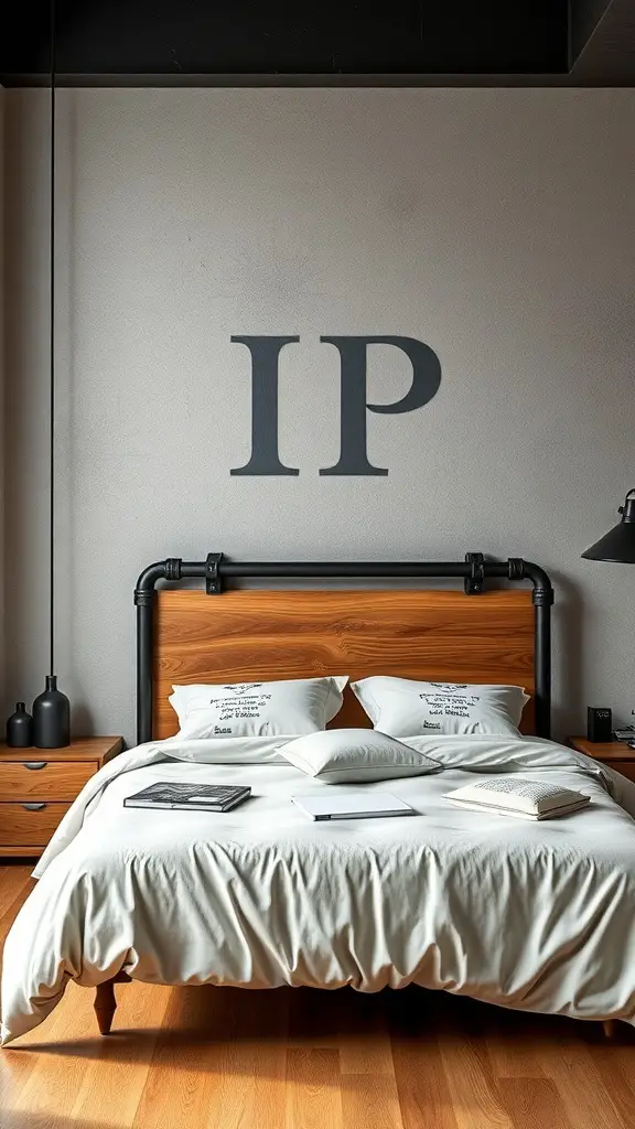 23+ Creative DIY Headboard Ideas to Transform Your Bedroom 6 A stylish industrial pipe and wood headboard in a modern bedroom setting.