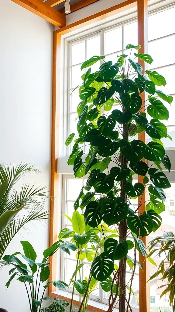 A tall Monstera plant climbing a trellis near a window.
