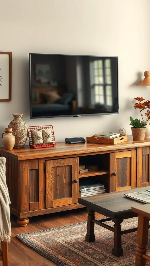 A rustic wood TV stand with a TV mounted above it, featuring decorative items and a cozy atmosphere.