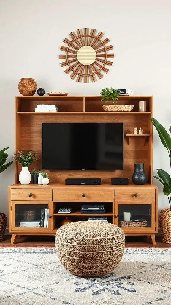 29+ Stunning Boho-Inspired Entertainment Centers to Transform Your Space 8 A cozy boho entertainment center with a TV, storage cabinets, decorative plants, and a pouf.