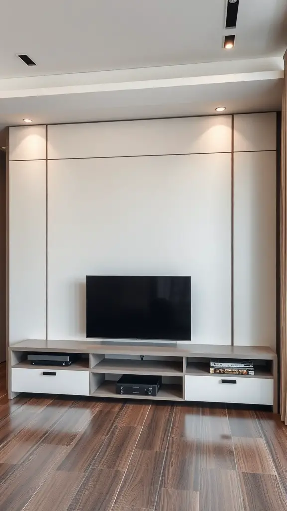 Modern TV wall with hidden storage solutions, featuring a sleek design and organized space.