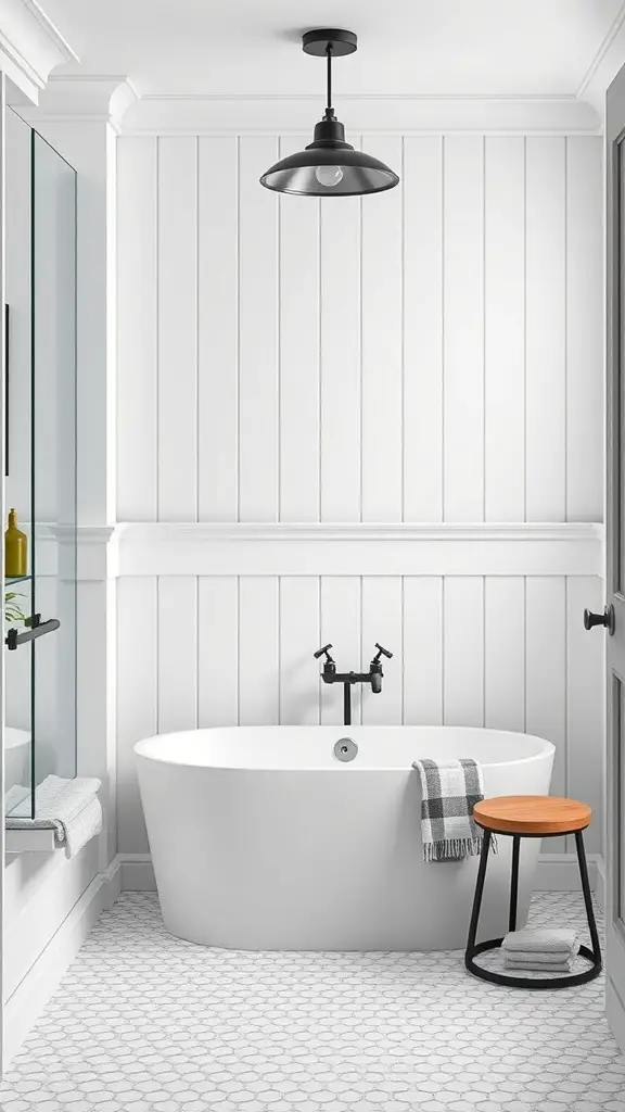 A modern bathroom featuring board and batten design with a freestanding tub and stylish decor.