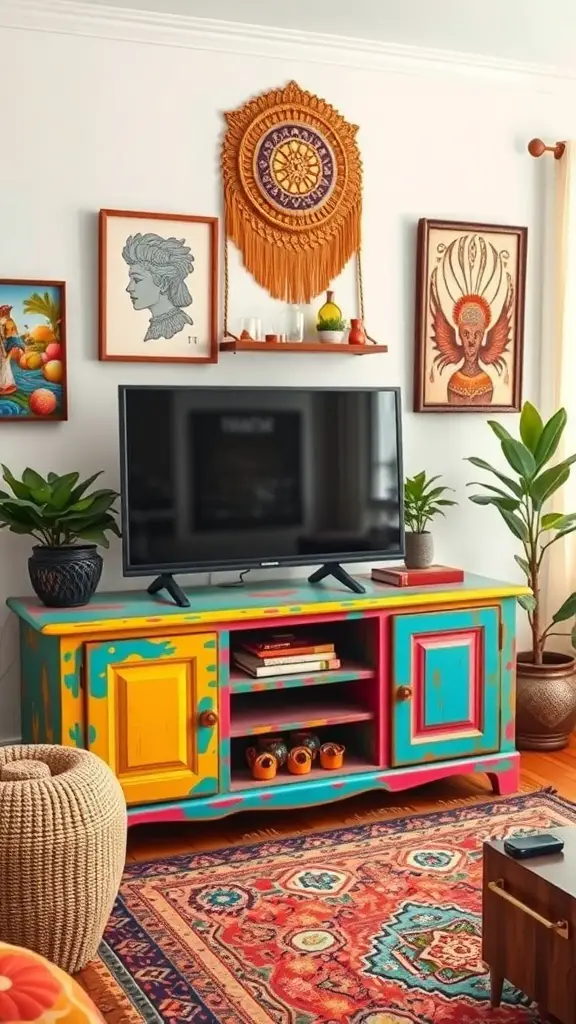 29+ Stunning Boho TV Stands for Your Living Room Makeover 8 A colorful boho TV stand in a living room, featuring bright painted finishes and decorative elements.