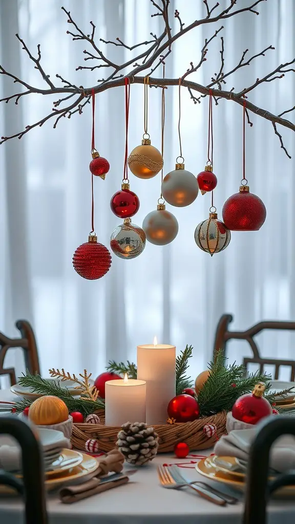 A winter table centerpiece featuring a hanging branch with colorful ornaments, candles, and greenery.