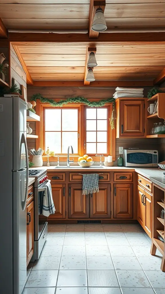 Cozy winter cabin kitchen with modern appliances and wooden cabinets