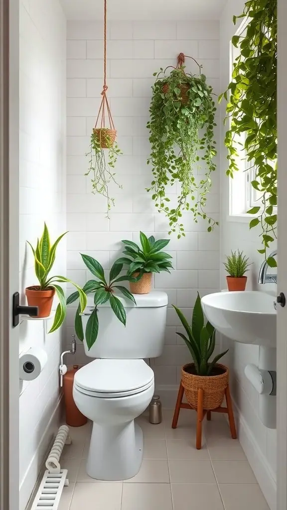 Small bathroom with various plants, including hanging and potted greenery.