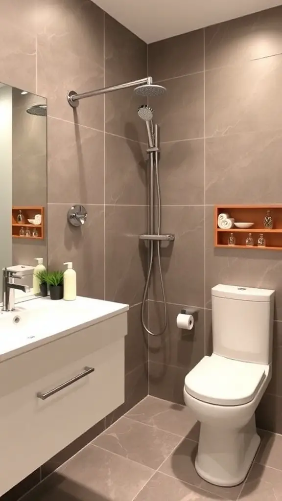 Modern bathroom featuring water-saving fixtures including a low-flow toilet and a water-efficient showerhead.