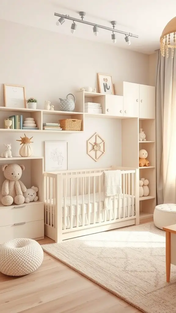27+ Adorable Neutral Baby Room Ideas to Inspire Your Nursery Design 16 A neutral baby room featuring beige tones, a crib, storage solutions, and soft decor.