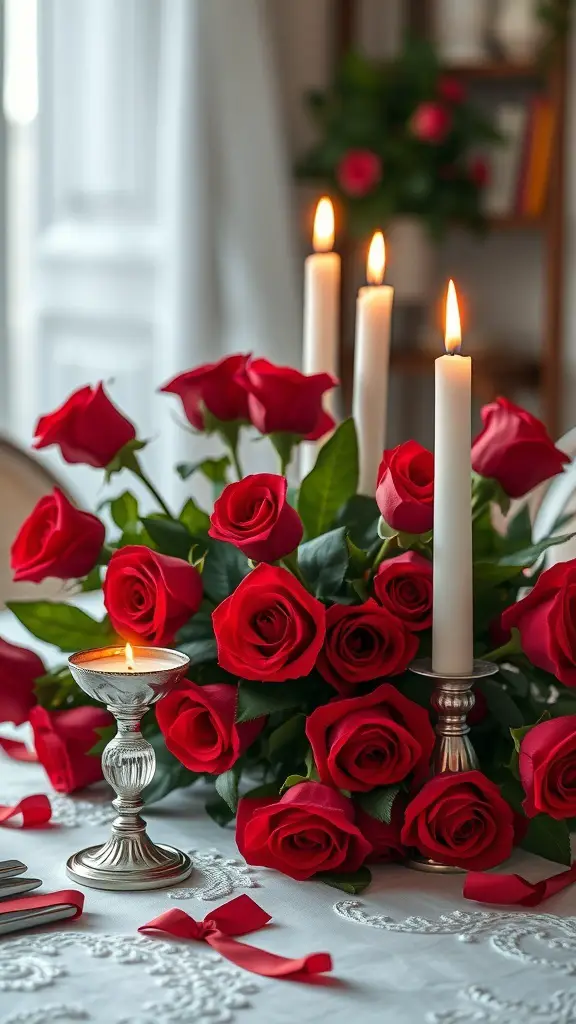 A centerpiece featuring classic red roses and white candles on a table