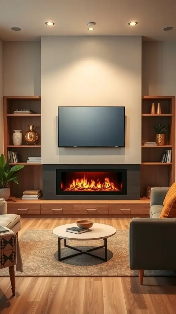 29+ Stunning Electric Fireplace Ideas to Complement Your TV 10 A modern living room featuring an electric fireplace with a TV above it and custom shelving on either side.