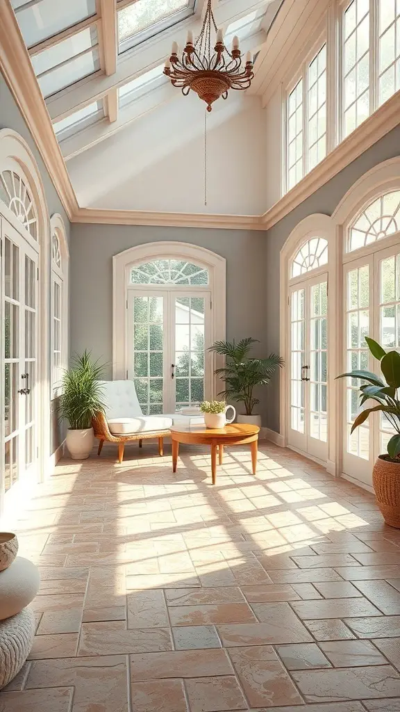 A sunroom featuring natural stone flooring, large windows, and a cozy seating area.