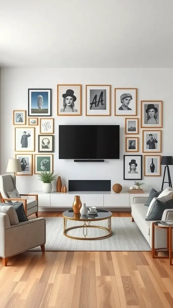Living room with a gallery wall featuring framed artwork around a TV
