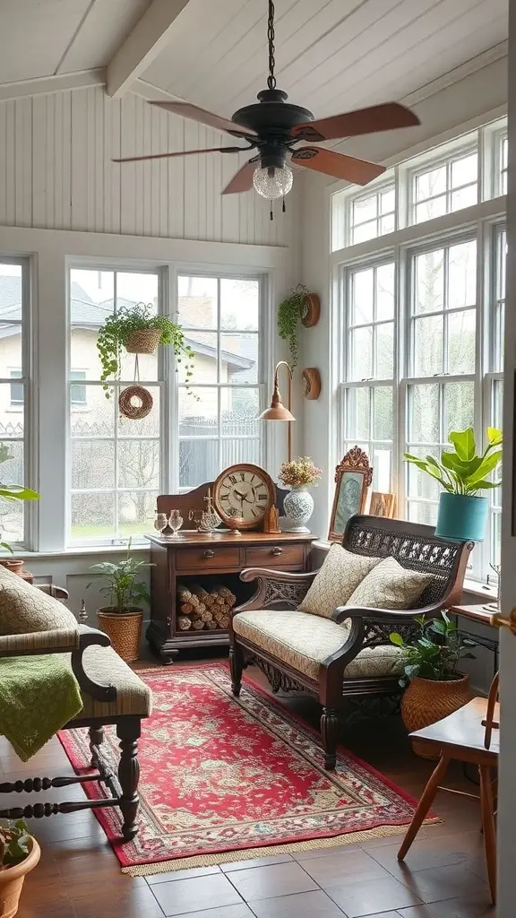 29+ Charming Vintage Sunroom Ideas for a Timeless Retreat 10 A cozy vintage sunroom with wooden furniture, a red rug, plants, and decorative elements.