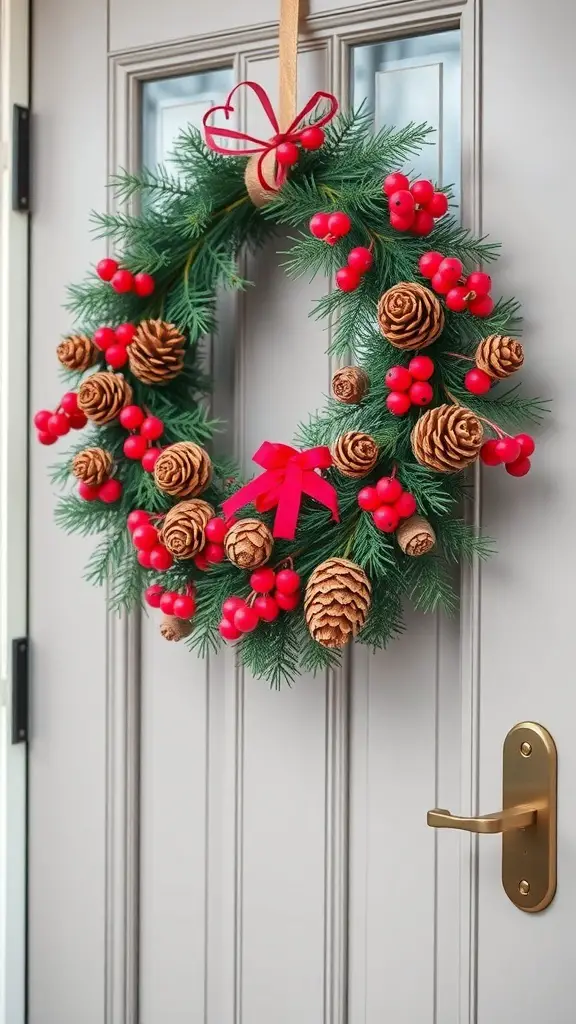 25+ Unique Winter Door Decorations to Brighten Your Home 6 A decorative wreath made of pinecones and red berries, hanging on a door.