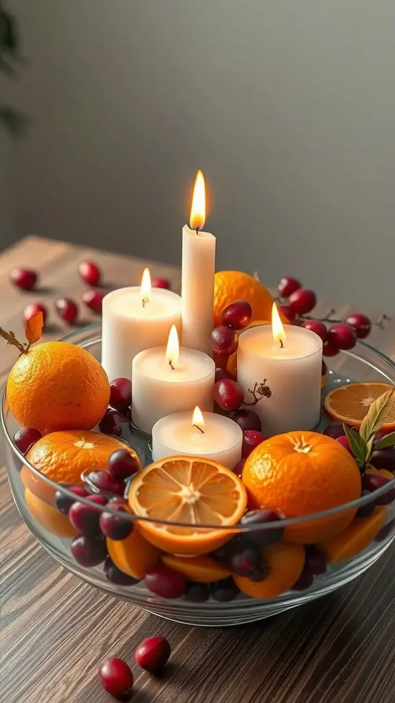 A bowl filled with oranges and cranberries, featuring white candles of varying heights.
