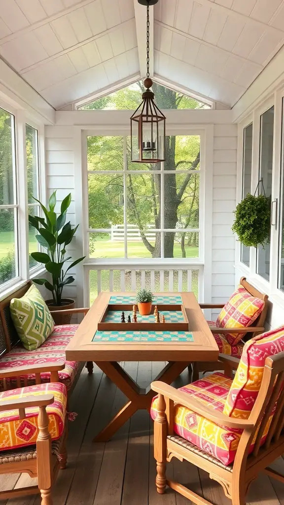 Cozy screened-in porch with colorful cushions and a game table