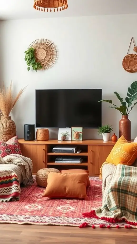 29+ Stunning Boho-Inspired Entertainment Centers to Transform Your Space 12 A cozy boho entertainment center featuring soft textiles, colorful cushions, and a vibrant area rug.