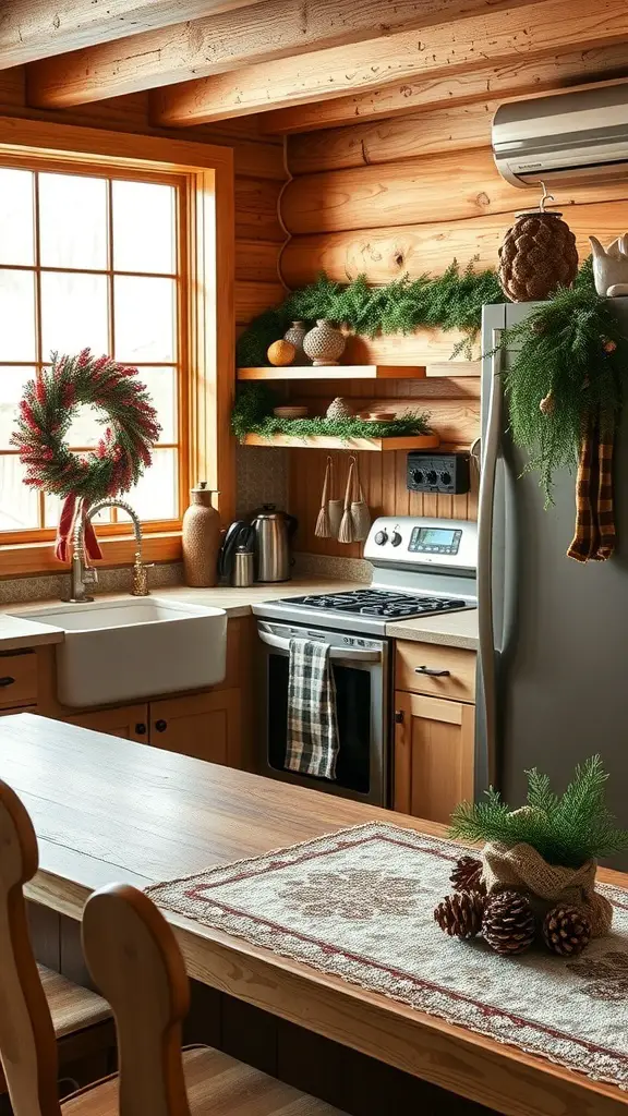 A cozy winter cabin kitchen decorated for the season with a wreath, pinecones, and greenery.